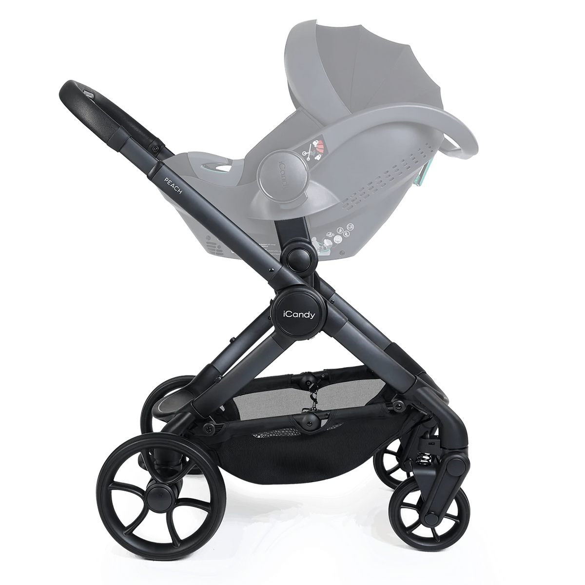 Black stroller with a baby seat on a white background