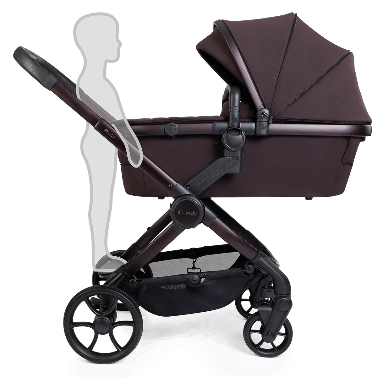 Brown baby stroller with a mannequin for scale on a white background