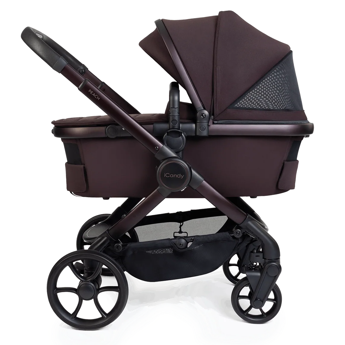 Brown baby stroller on a white background