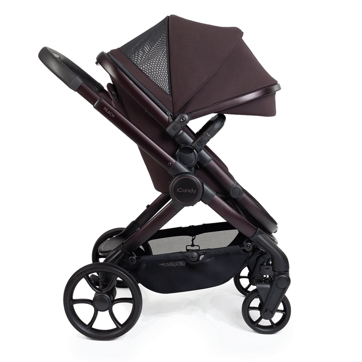 Brown baby stroller on a white background
