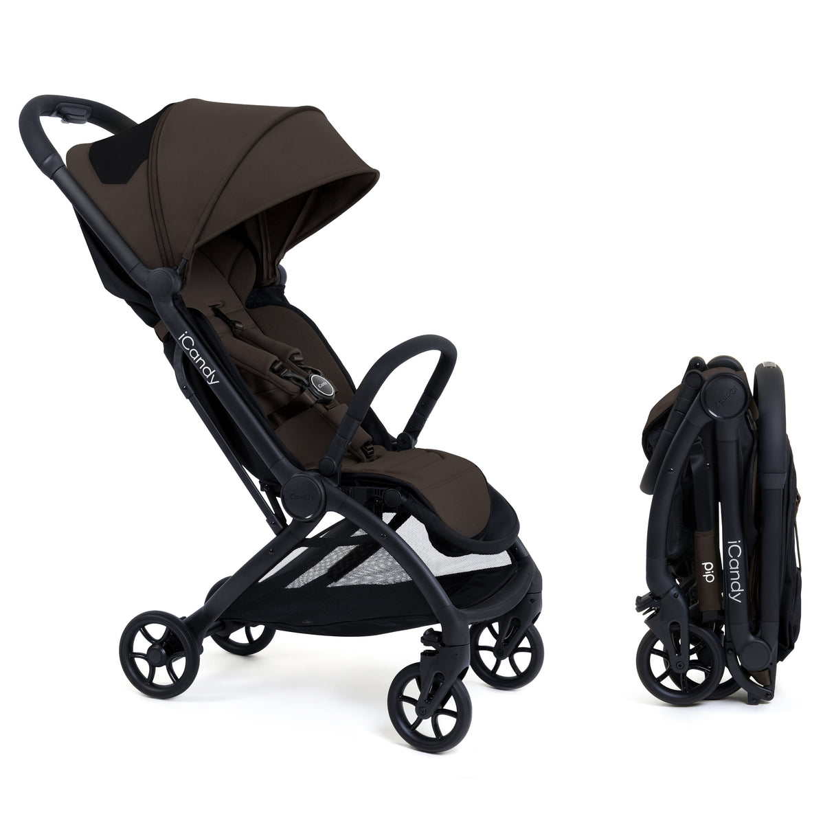 Black and brown stroller with folded compact version on a white background