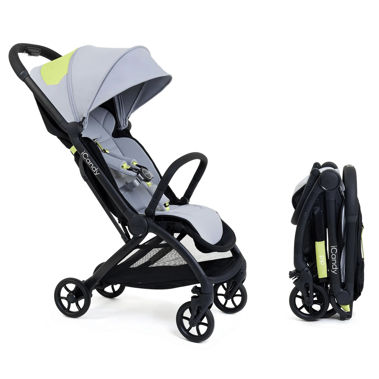 iCandy Pip Compact Pushchair in limestone color with a black frame, featuring a sun canopy, storage compartment, and premium wheels.