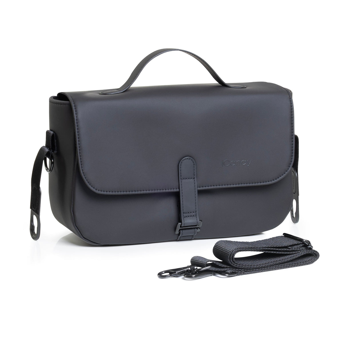 Gray shoulder bag with a strap on a white background