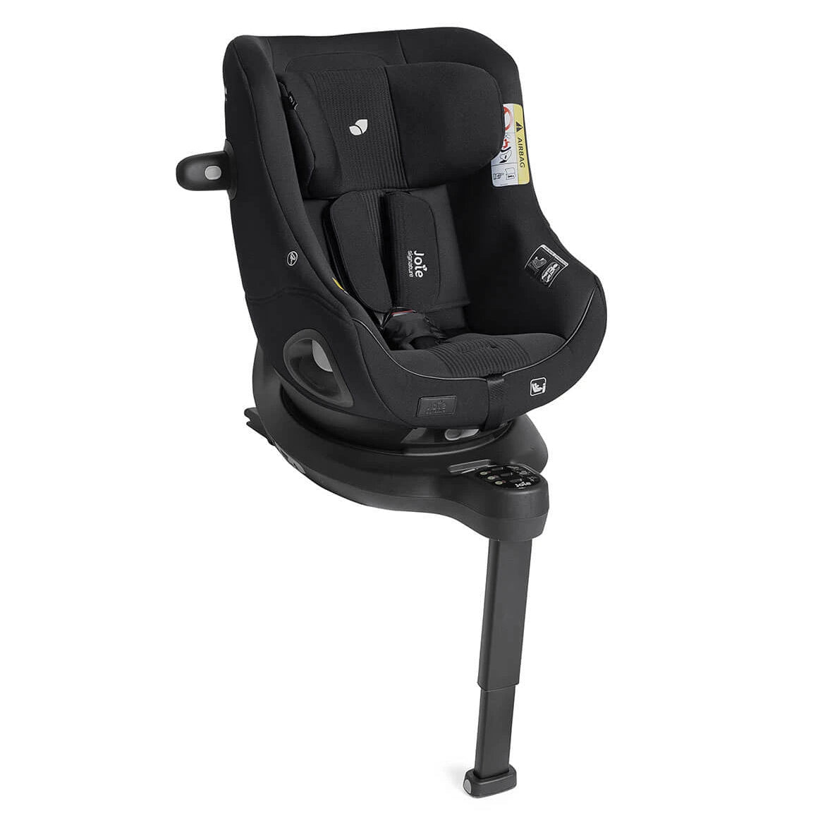 A black infant car seat with a matching black base and harness, shown from a three-quarters angle on a solid white background.