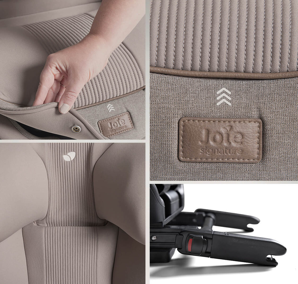 Collage of a baby car seat with visible branding and features.