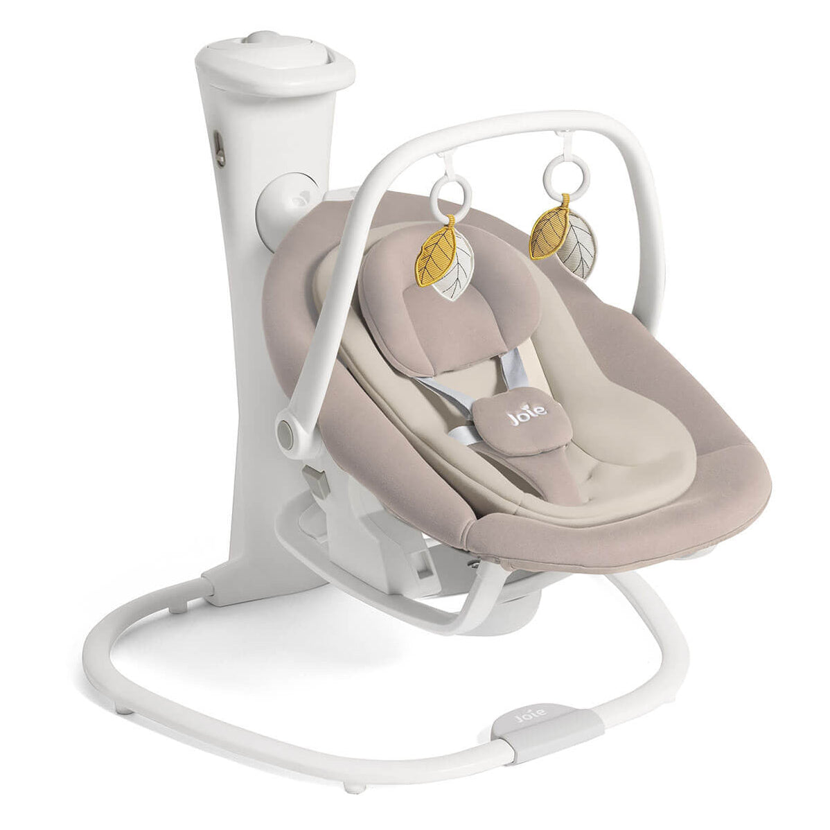 A baby swing and bassinet seat with a beige and cream cushioned seat, white frame, and hanging leaf toys, shown on a plain white background.