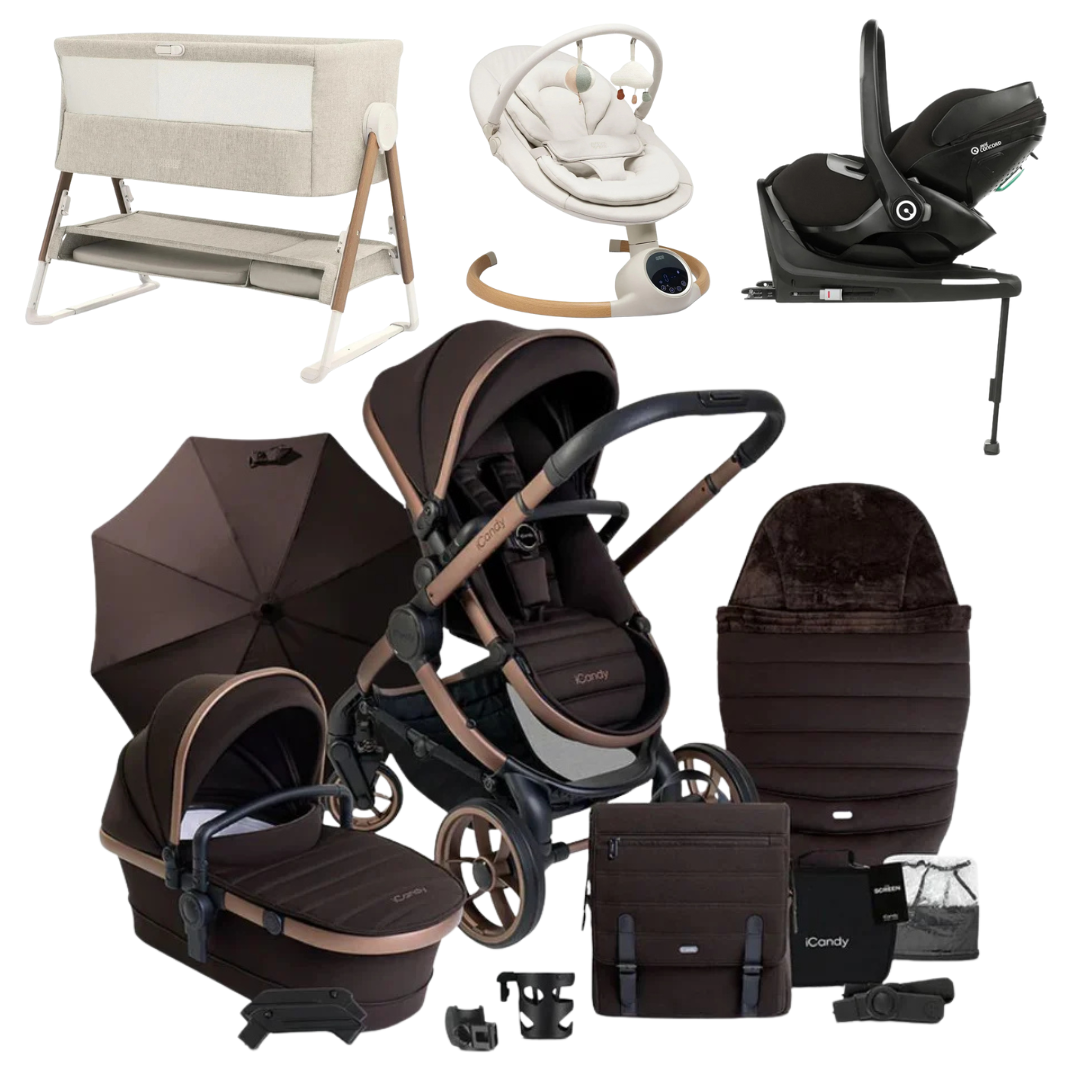 iCandy Peach 7 Luxury 360 Car Seat New Parent Bundle With Bouncer And Bedside Crib