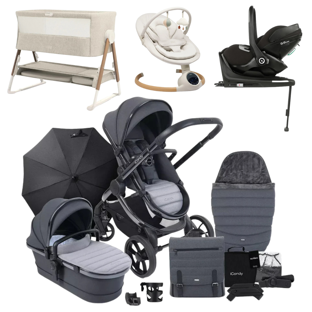 iCandy Peach 7 Luxury 360 Car Seat New Parent Bundle With Bouncer And Bedside Crib