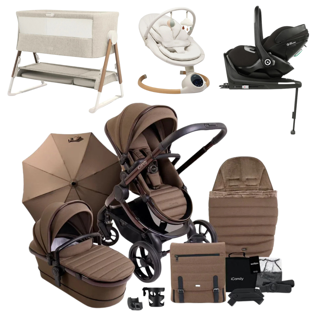 iCandy Peach 7 Luxury 360 Car Seat New Parent Bundle With Bouncer And Bedside Crib