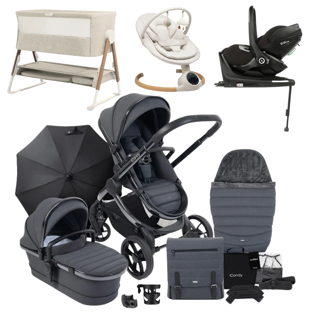 iCandy Peach 7 Luxury 360 Car Seat New Parent Bundle With Bouncer And Bedside Crib