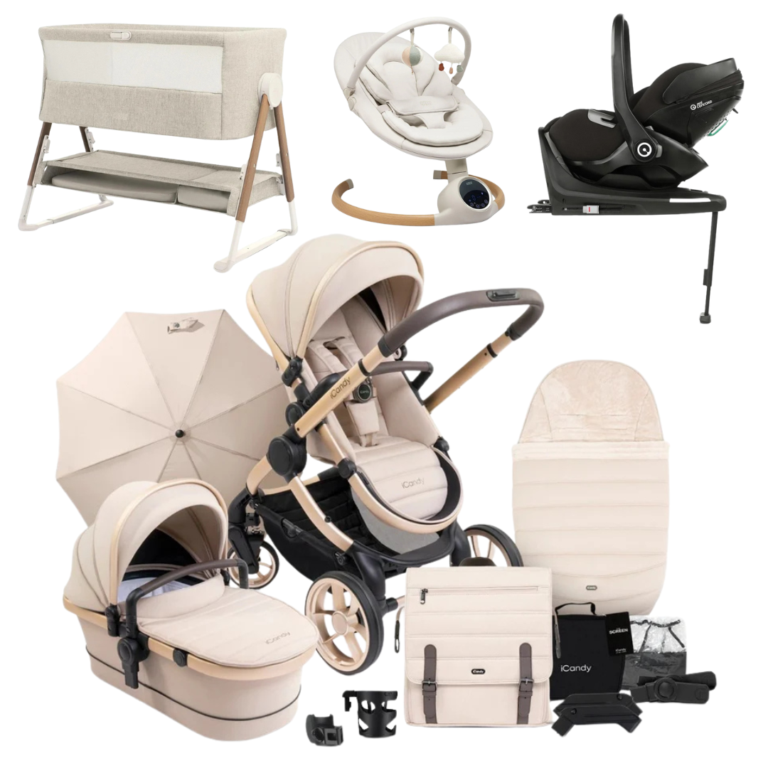 iCandy Peach 7 Luxury 360 Car Seat New Parent Bundle With Bouncer And Bedside Crib