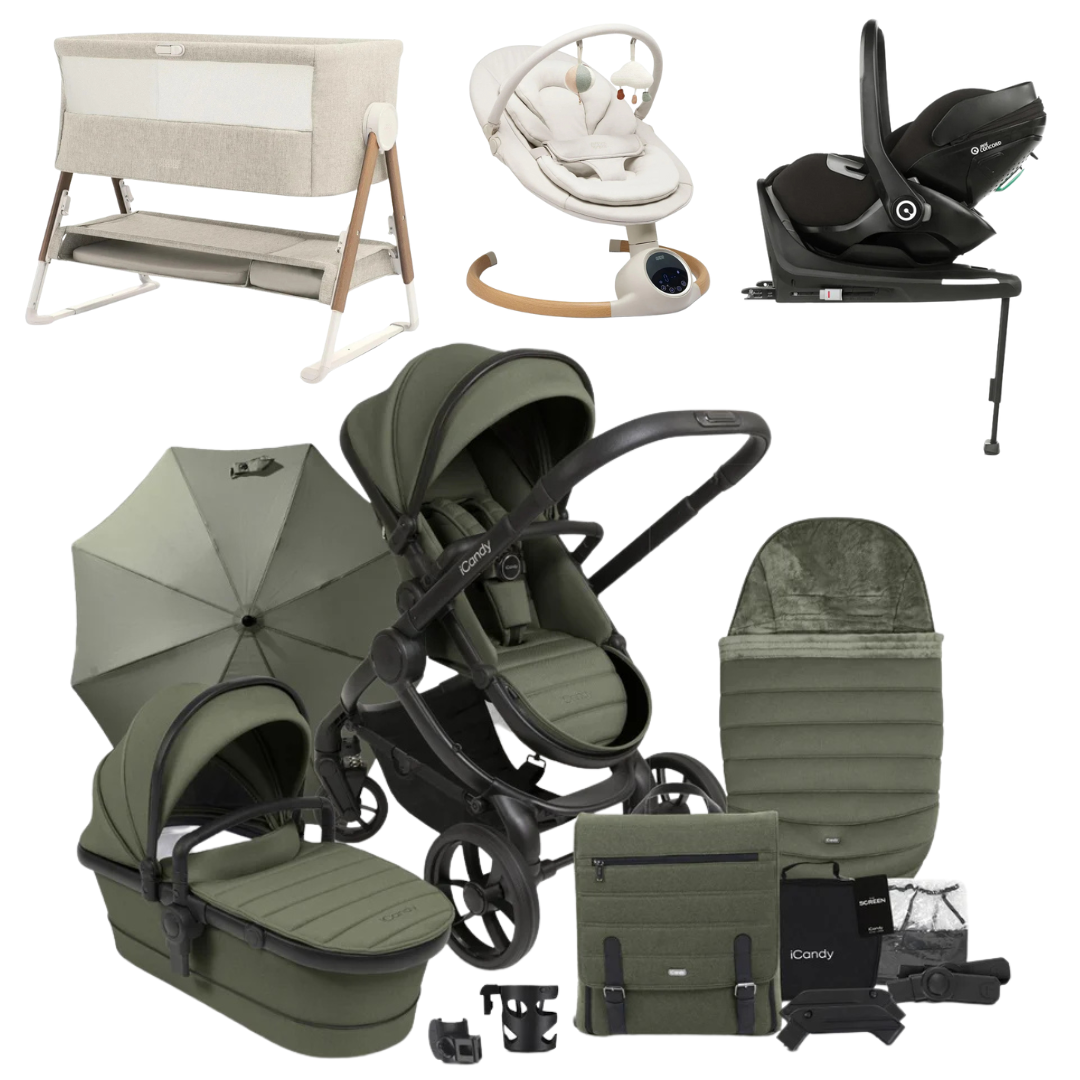 iCandy Peach 7 Luxury 360 Car Seat New Parent Bundle With Bouncer And Bedside Crib