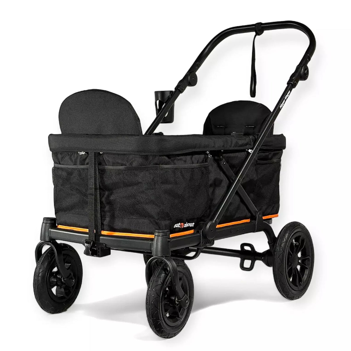 A black stroller travel system with two padded seats, a large black storage basket, and four wheels, shown on a clean white background. The brand name 'atjude' is visible on the side of the basket.