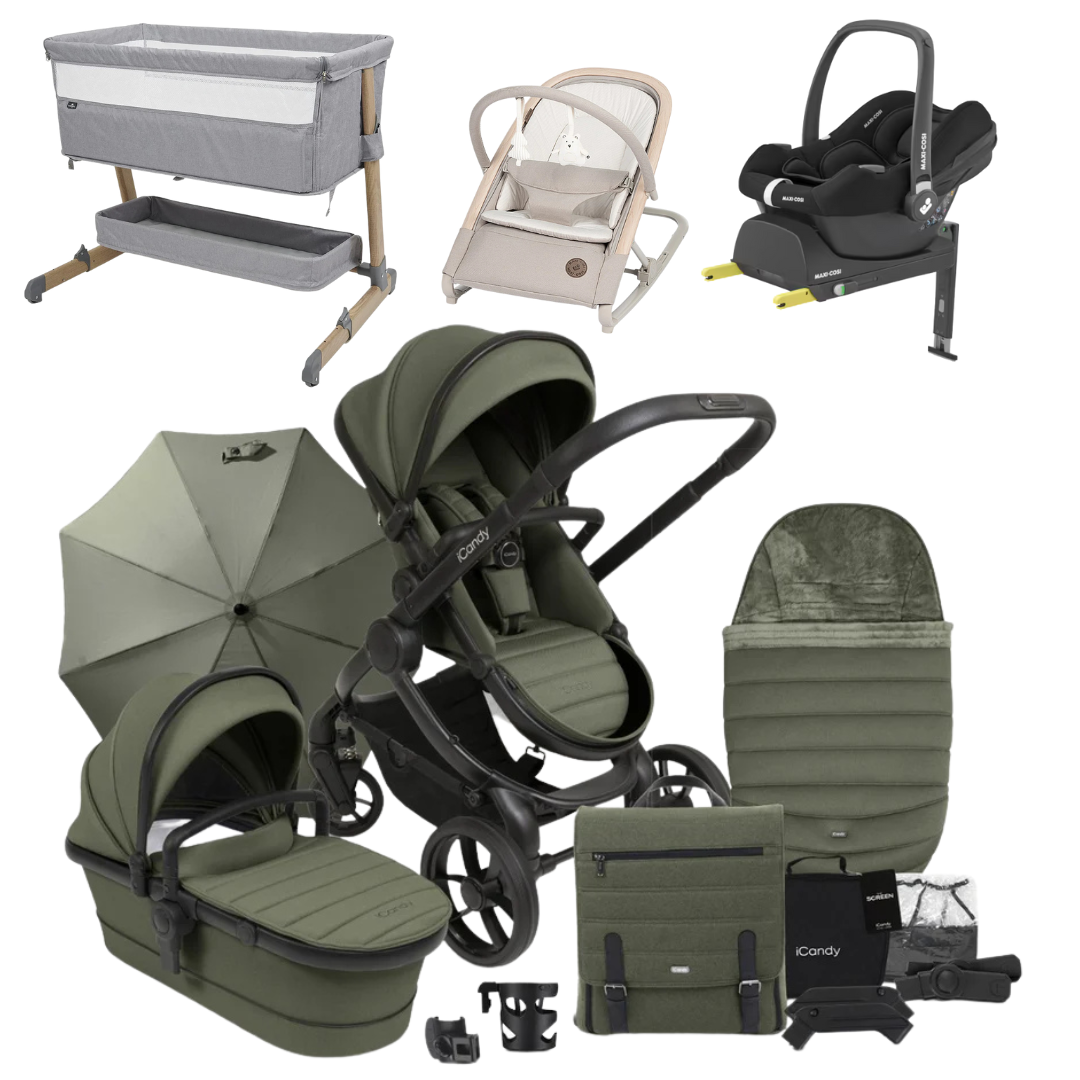 iCandy Peach 7 Premium Bundle With Maxi-Cosi Car Seat And Bouncer And Bedside Crib