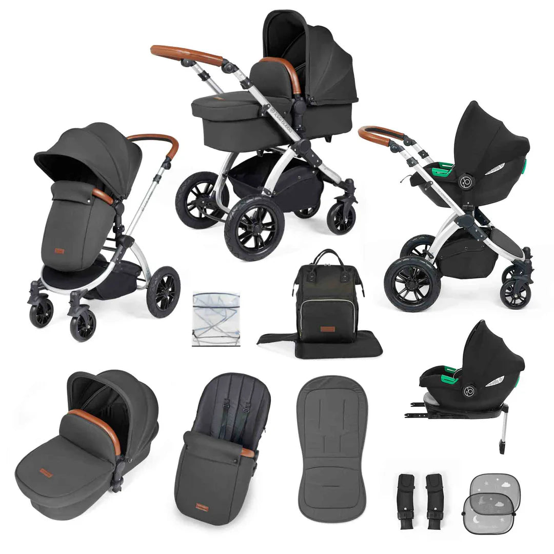 Ickle Bubba Stomp Luxe All-in-One Premium i-Size Travel System with ISOFIX Base, Charcoal Grey/Silver/Tan