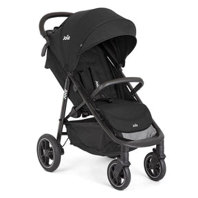 A black Joie Litetrax PRO pushchair with all-wheel suspension and foam-filled rubber tyres, featuring a luxurious leatherette handle and a large shopping basket.