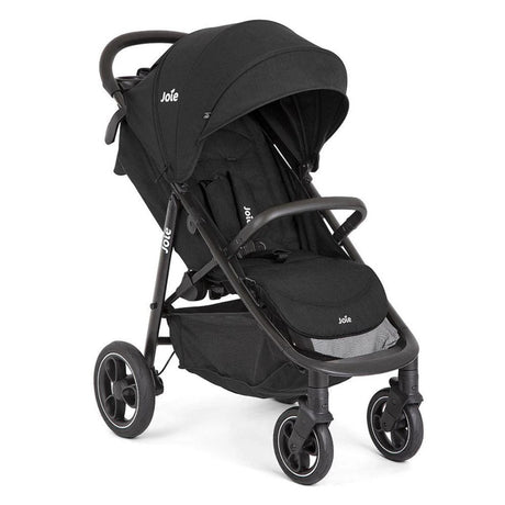 A black Joie Litetrax PRO pushchair with all-wheel suspension and foam-filled rubber tyres, featuring a luxurious leatherette handle and a large shopping basket.