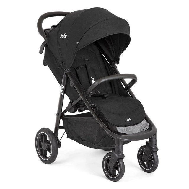 A black Joie Litetrax PRO pushchair with all-wheel suspension and foam-filled rubber tyres, featuring a luxurious leatherette handle and a large shopping basket.