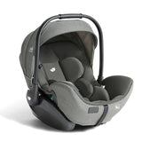 A baby car seat in a two-tone gray colorway, featuring a heathered medium gray fabric exterior and a dark charcoal gray interior, complete with a black handle and base, shown on a white background.