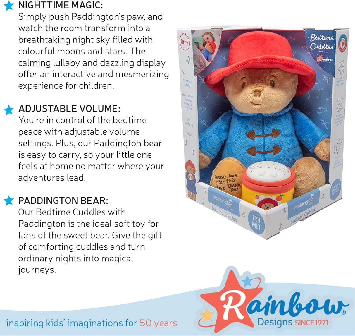 Rainbow Designs Bedtime Cuddles with Paddington Bear Set - Cuddleable Soft Teddy Toy & Marmalade Jar Nightlight - Calming Lullaby, Colour-Changing Moons & Stars