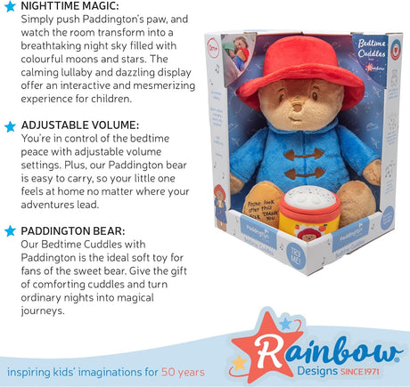 Rainbow Designs Bedtime Cuddles with Paddington Bear Set - Cuddleable Soft Teddy Toy & Marmalade Jar Nightlight - Calming Lullaby, Colour-Changing Moons & Stars