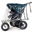 Baby stroller with a clear rain cover on a white background