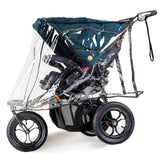 Baby stroller with a clear rain cover on a white background