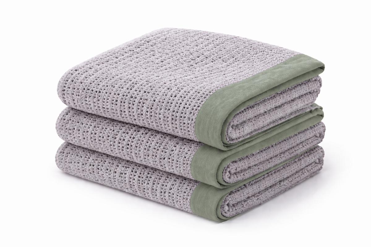 Giggle Baby - Organic Cotton Cot Blanket - Grey / Green Trim 120x100cm.