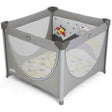 A Jole brand baby playpen in gray, featuring a gray frame, semi-transparent mesh sides, a patterned floor mat, and a small plush toy inside, shown on a white background.