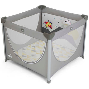 A Jole brand baby playpen in gray, featuring a gray frame, semi-transparent mesh sides, a patterned floor mat, and a small plush toy inside, shown on a white background.