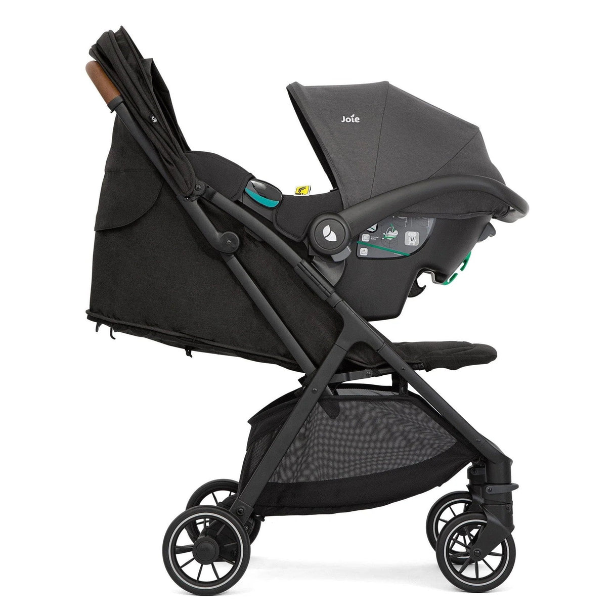 Black stroller with canopy on a white background