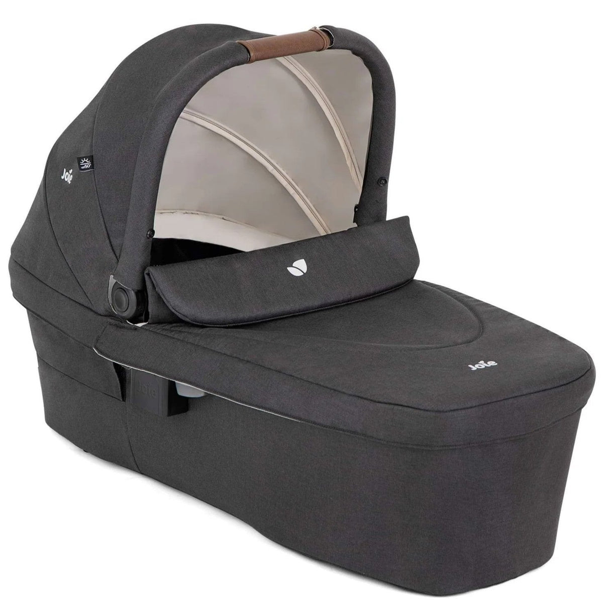 A dark gray baby bassinet and car seat travel system with a beige interior canopy lining and a brown handle, shown on a white background.