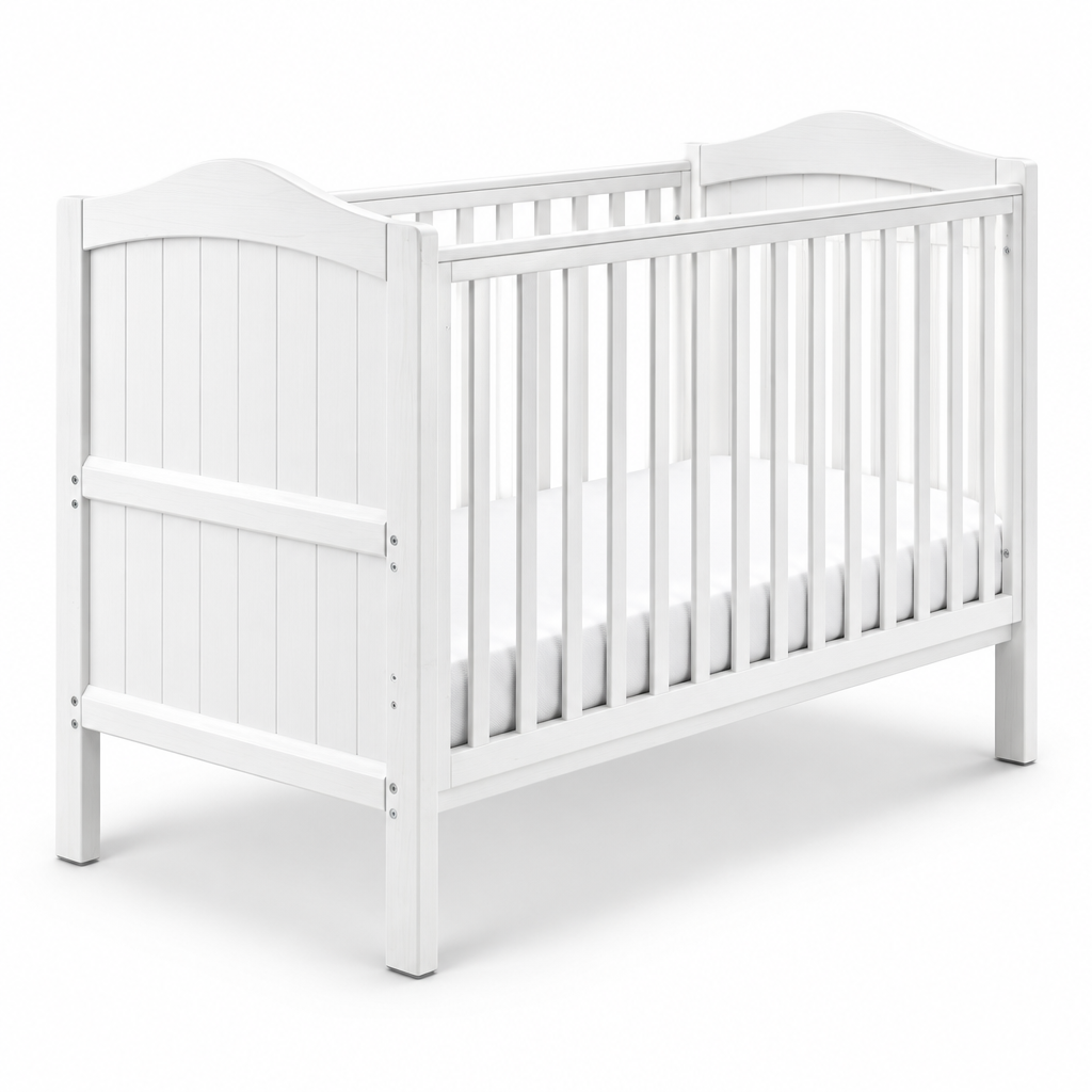 White wooden toddler bed with a slatted guard rail and arched headboard, shown on a clean white background.
