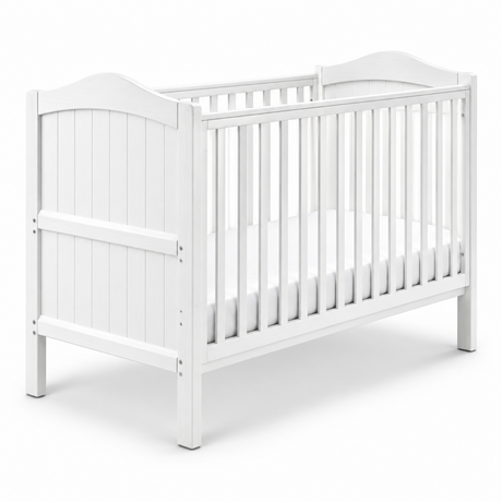 White wooden toddler bed with a slatted guard rail and arched headboard, shown on a clean white background.