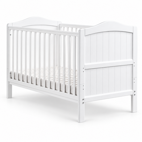 White wooden toddler bed with a convertible crib design, featuring a slatted mattress base, arched headboard, and vertical panel details, shown on a clean white background.