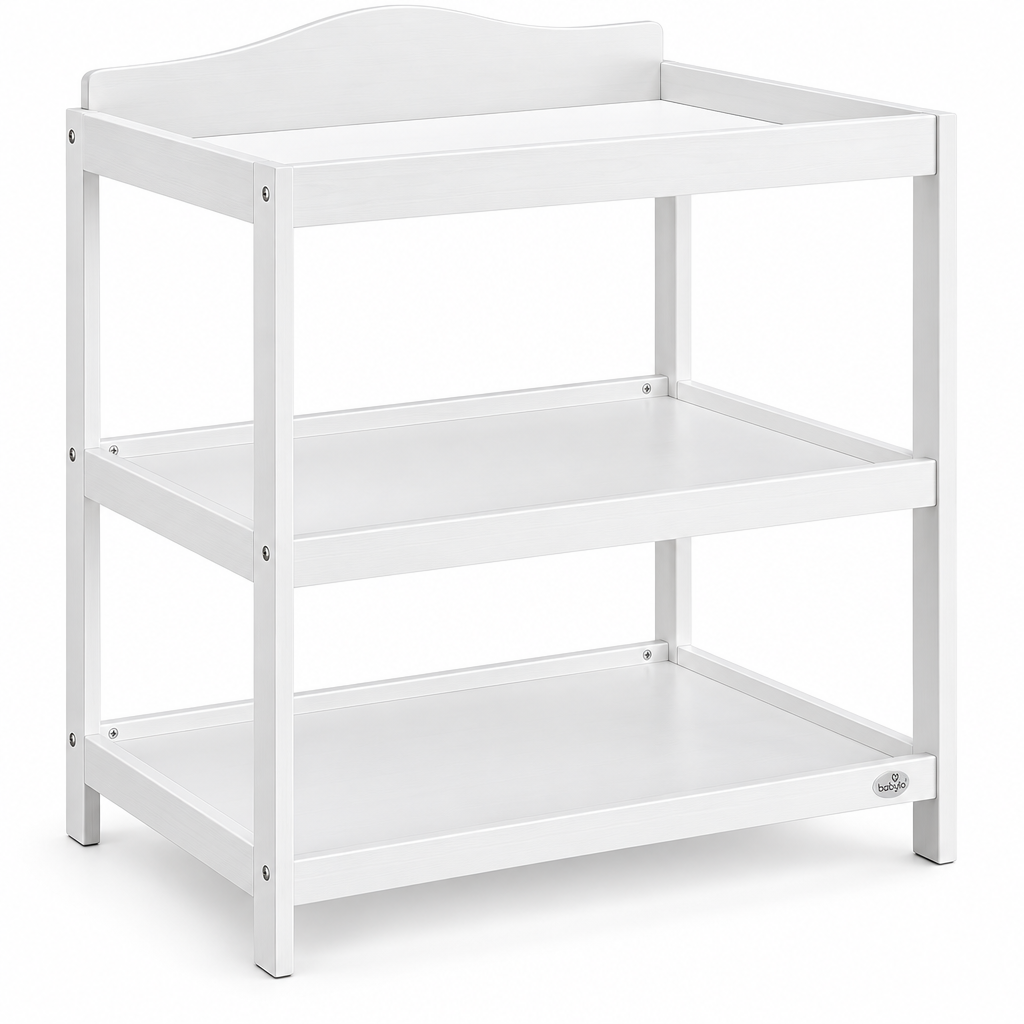 A three-tier white wooden changing table with a wavy top panel, shown on a clean white background.