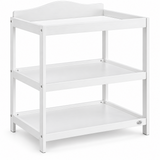 A three-tier white wooden changing table with a wavy top panel, shown on a clean white background.