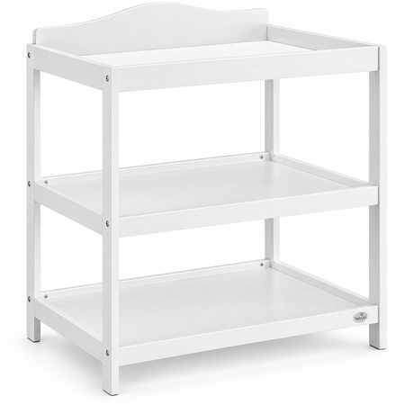 A three-tier white wooden changing table with a wavy top panel, shown on a clean white background.