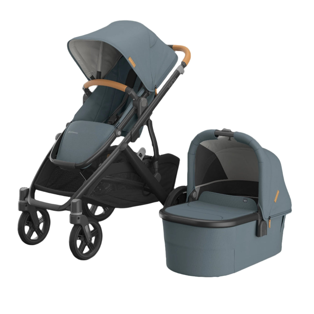Gray stroller with canopy and bassinet on a white background