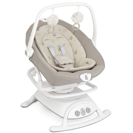 A baby swing and seat bassinet with a white plastic frame and a beige cushioned seat featuring a star pattern, shown on a solid white background.