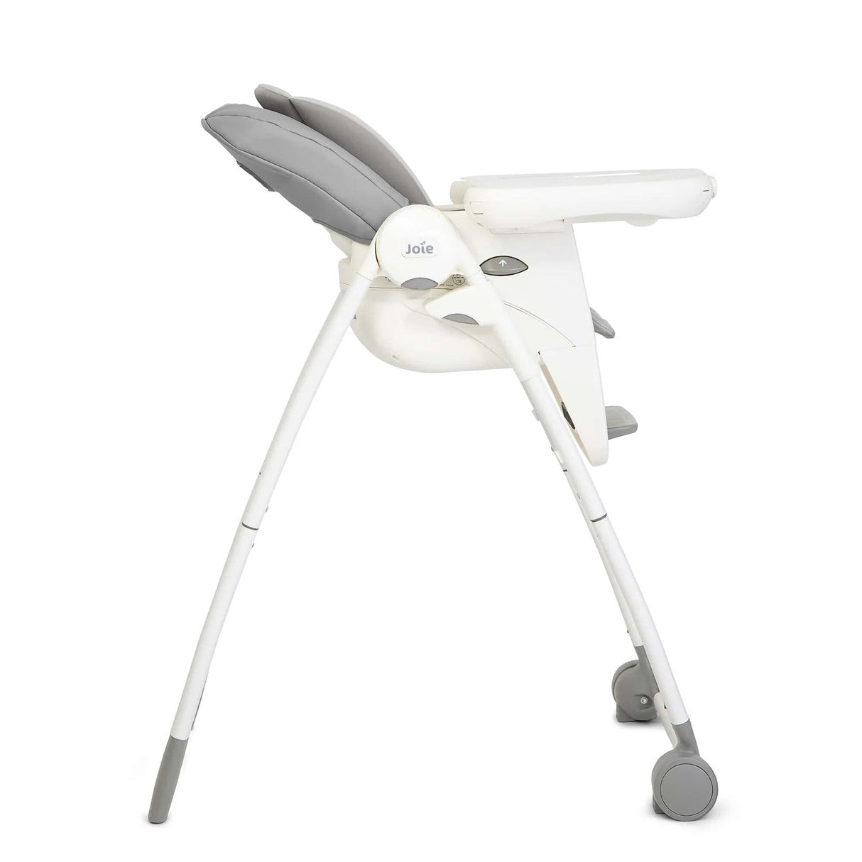 White and gray high chair with JOIE branding on a white background
