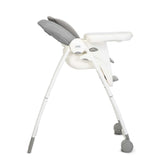 White and gray high chair with JOIE branding on a white background