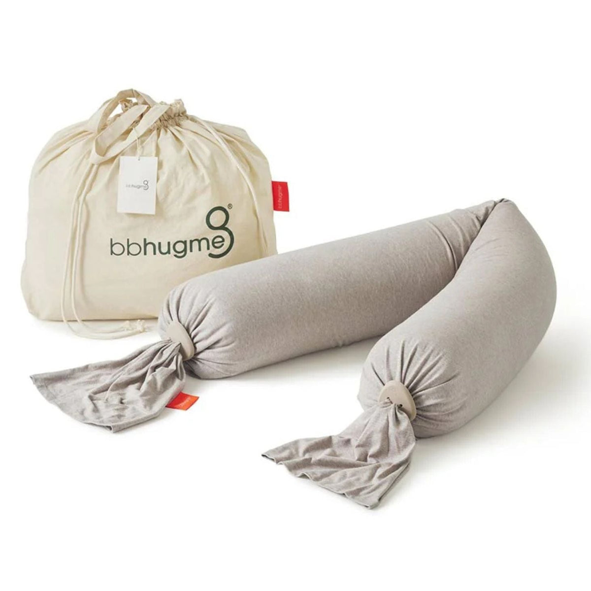 Gray body pillow with drawstring bag on a white background