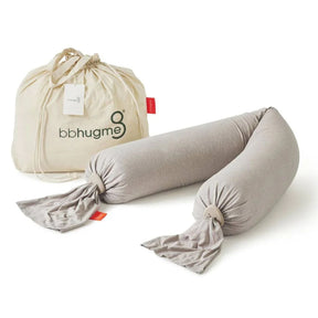 Gray body pillow with drawstring bag on a white background