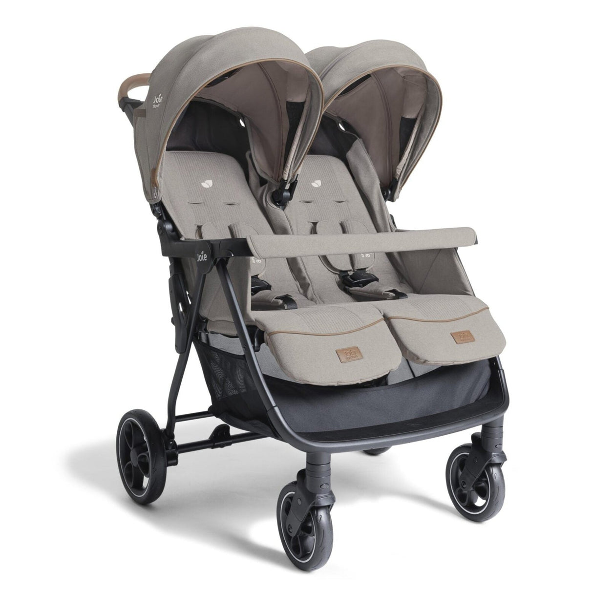Double stroller with two seats on a white background