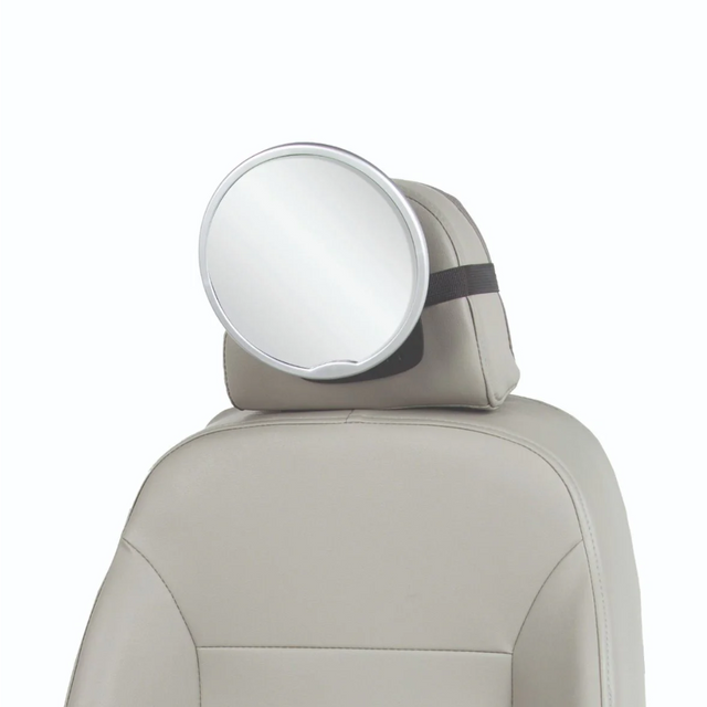 Car seat with a round mirror attached to the headrest on a white background