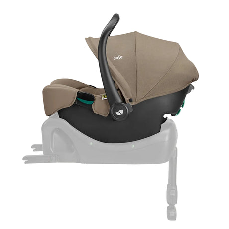 A baby car seat with a taupe fabric canopy and matching side pad, mounted on a black base, shown in profile against a light cream background.