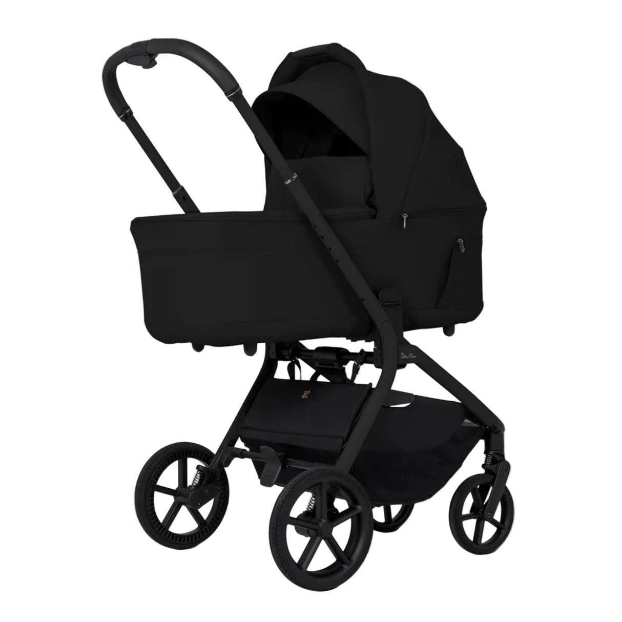 Black baby stroller on a white background