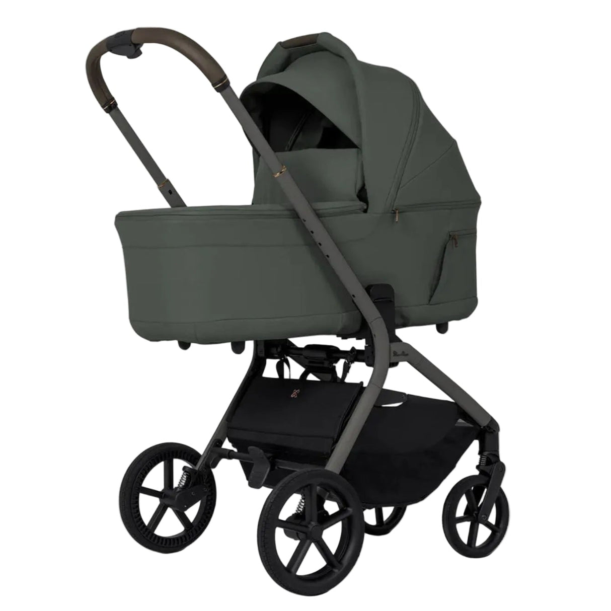Green baby stroller with black frame on a white background