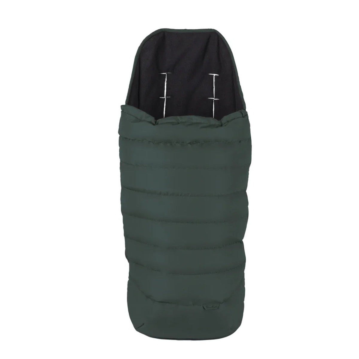 Green sleeping bag with black hood on a white background